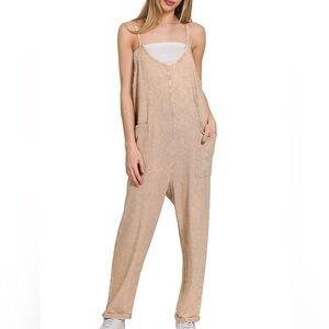 Washed Spaghetti Straps Overalls with Pockets - Ash Mocha